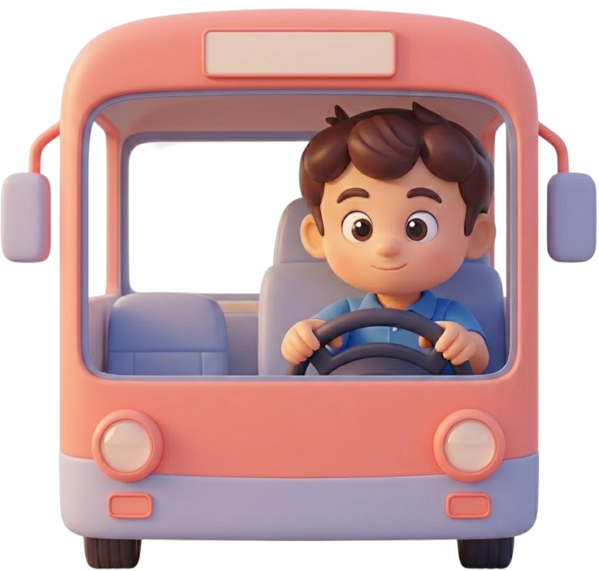 Ilustração colorida em 3D vector art com iluminação suave e estilo minimalista. Apresenta um personagem masculino jovem com cabelos castanhos, sentado ao volante de um ônibus de cor pêssego e base lilás. O personagem segura o volante com as duas mãos e possui um sorriso discreto, transmitindo uma aparência amigável e acolhedora.