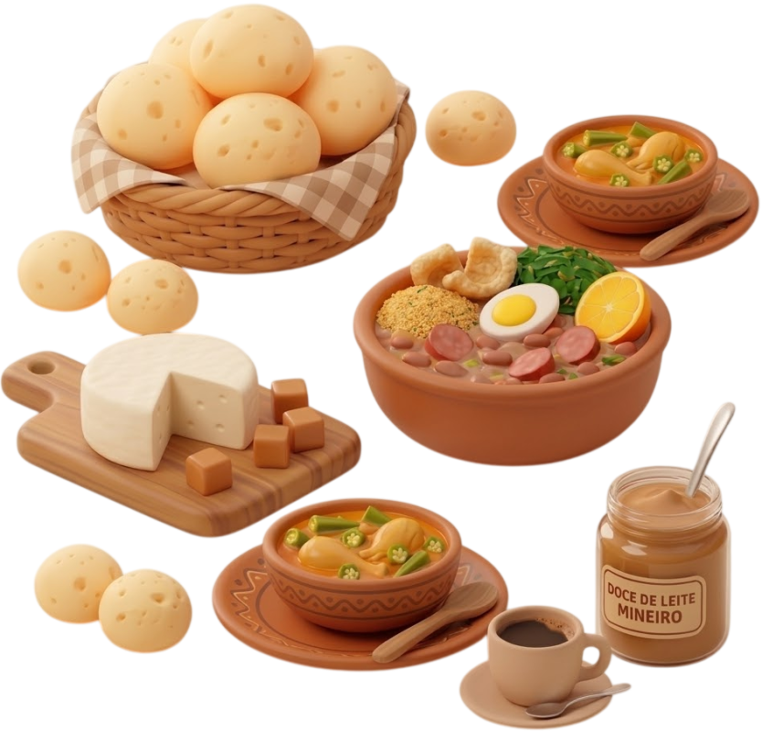 À esquerda, há ilustrações coloridas em 3D de pratos típicos da culinária mineira, como pão de queijo, feijão tropeiro com ovo e torresmo, queijo minas na tábua, café e doce de leite, todos sobre um fundo azul vibrante. A imagem transmite modernidade e tradição.